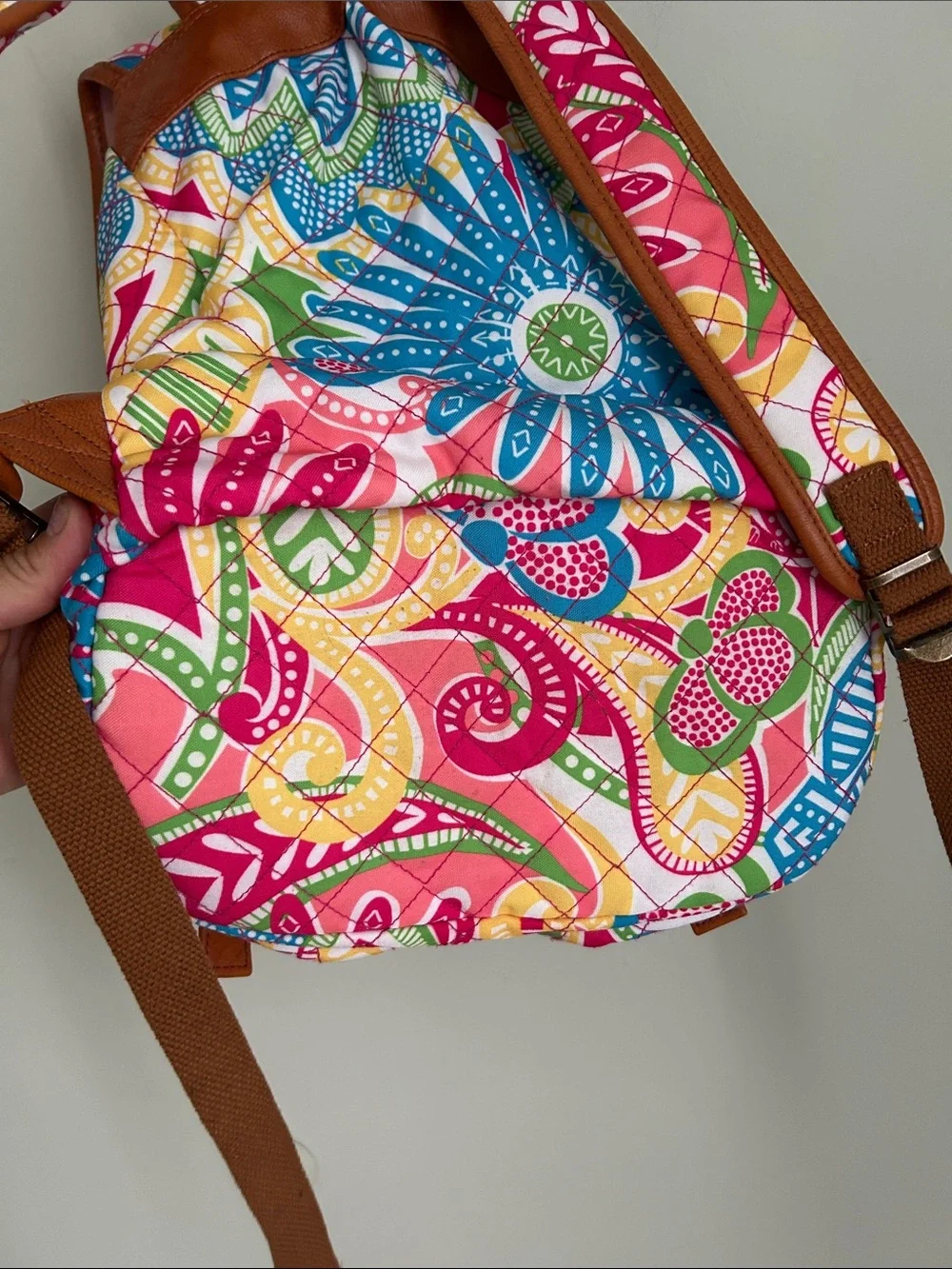 Vibrant Pink Multi-Color Printed Backpack with Brown Trim